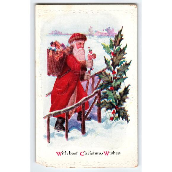 Vintage Embossed Santa Claus Christmas Postcard with Holly Design - Picture 1 of 2